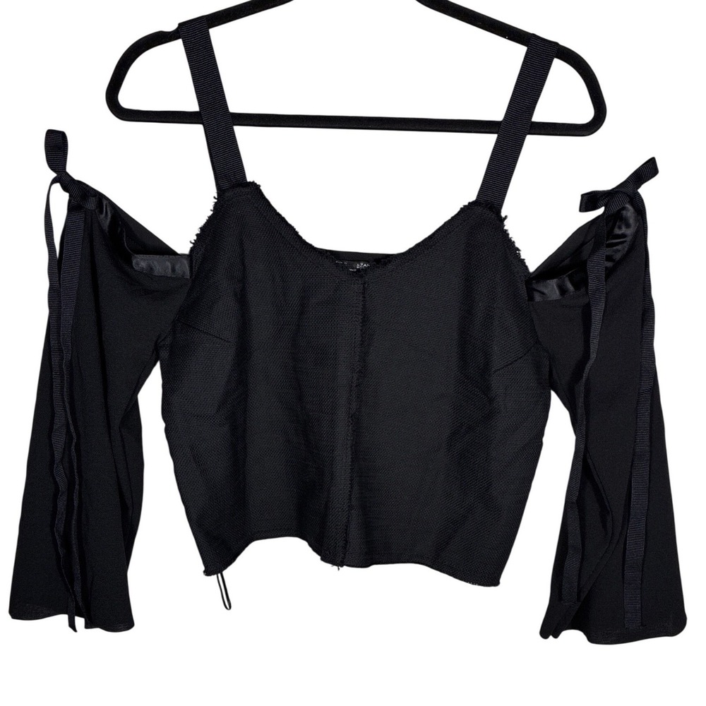 ZARA Black Cold Shoulder Crop Top Ribbon Sleeve Tie‎ Chic Women's Top Size L
